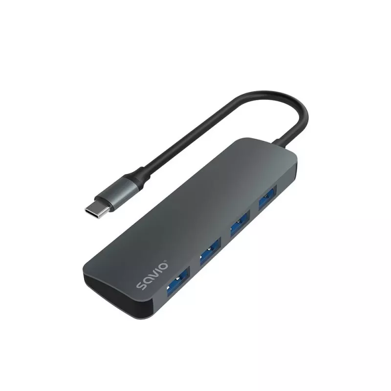 Hub USB SAVIO AK-54 — 4 x USB-A (USB 3.2 Gen 1), host USB-C, negro