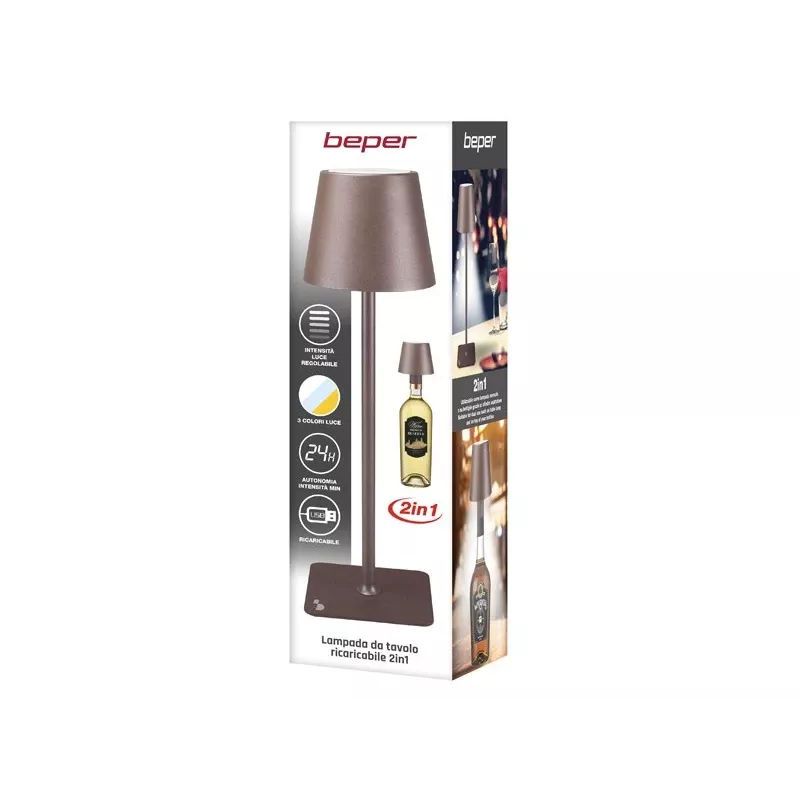 Beper P201UTP120 lámpara de mesa LED recargable, 1,5 W, interruptor táctil, regulable, adaptador para botella de 33 mm, resistente al agua, marrón