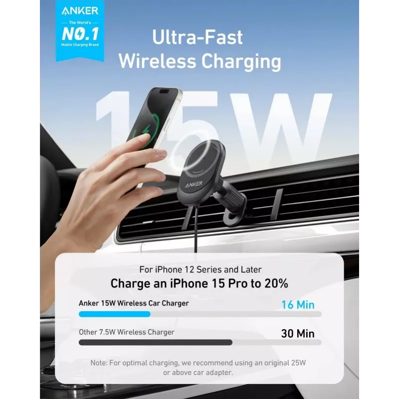 Cargador magnético inalámbrico para coche Anker MagGo 15W — Carga rápida magnética Qi de 15W para smartphones, Negro