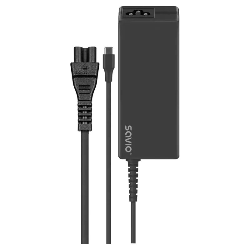 Cargador de CA para interiores SAVIO ZA-01, 65W USB‑C PD 3.0, entrada 100–240V, conector único, negro