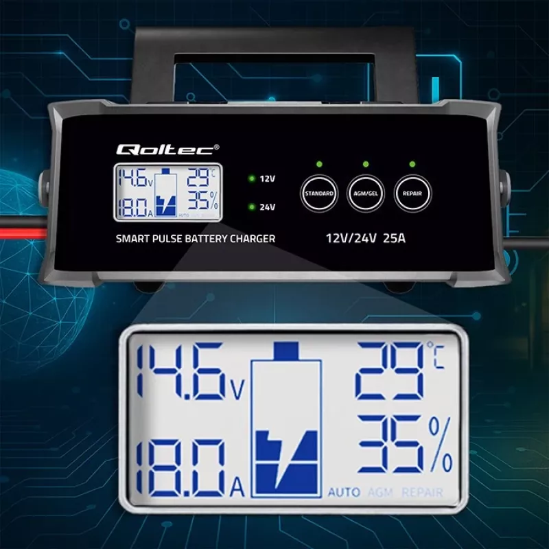 Cargador de baterías QOLTEC 52514 — 12V/24V, 25A, para baterías AGM/GEL/SLA con pantalla LCD