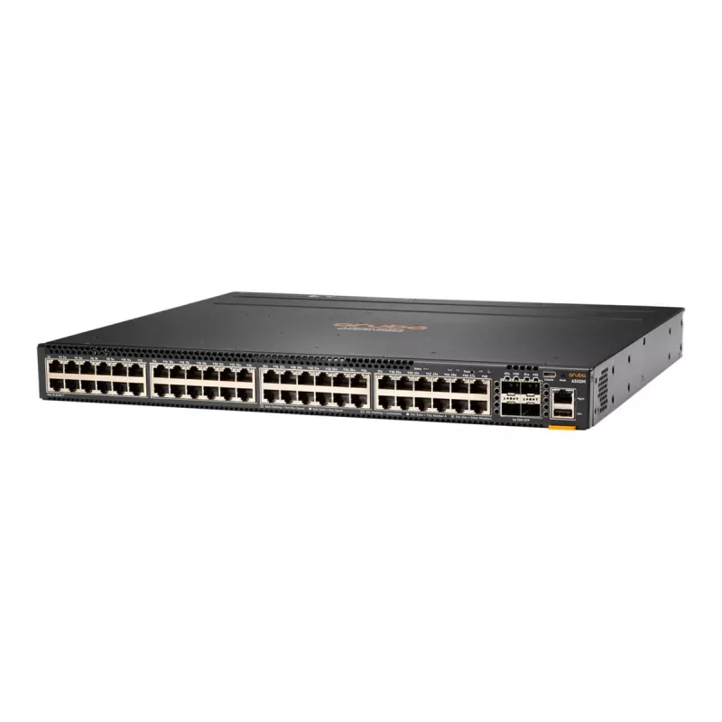 HPE - Aruba 6300M - Switch - L3 - gestionado - 48 x 10/100/1000 (1 PoE+) + 4 x 1 Gigabit / 10 Gigabit / 25 Gigabit / 50 Gigabit SFP56 (Uplink / Stacking) frontal y lateral a posterior