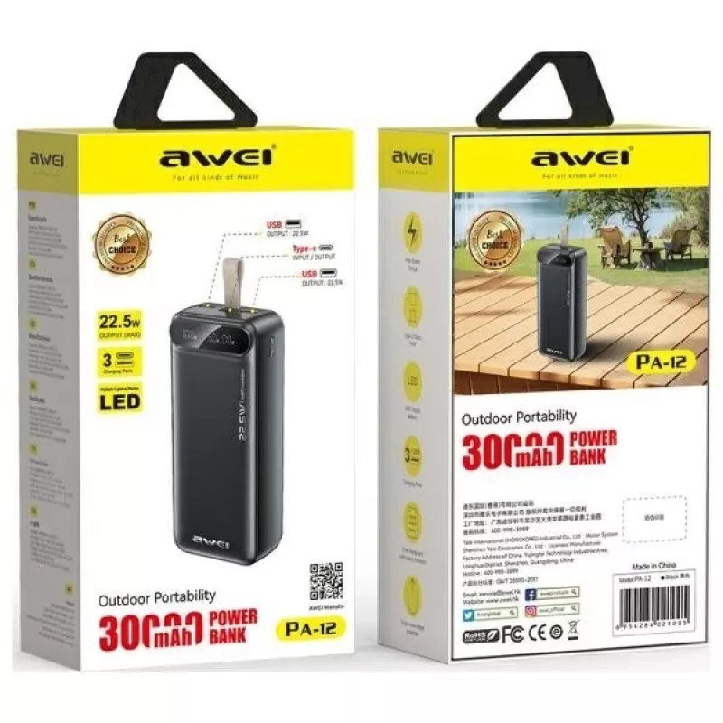 Batería externa portátil AWEI PA-12 30000mAh 22.5W negra