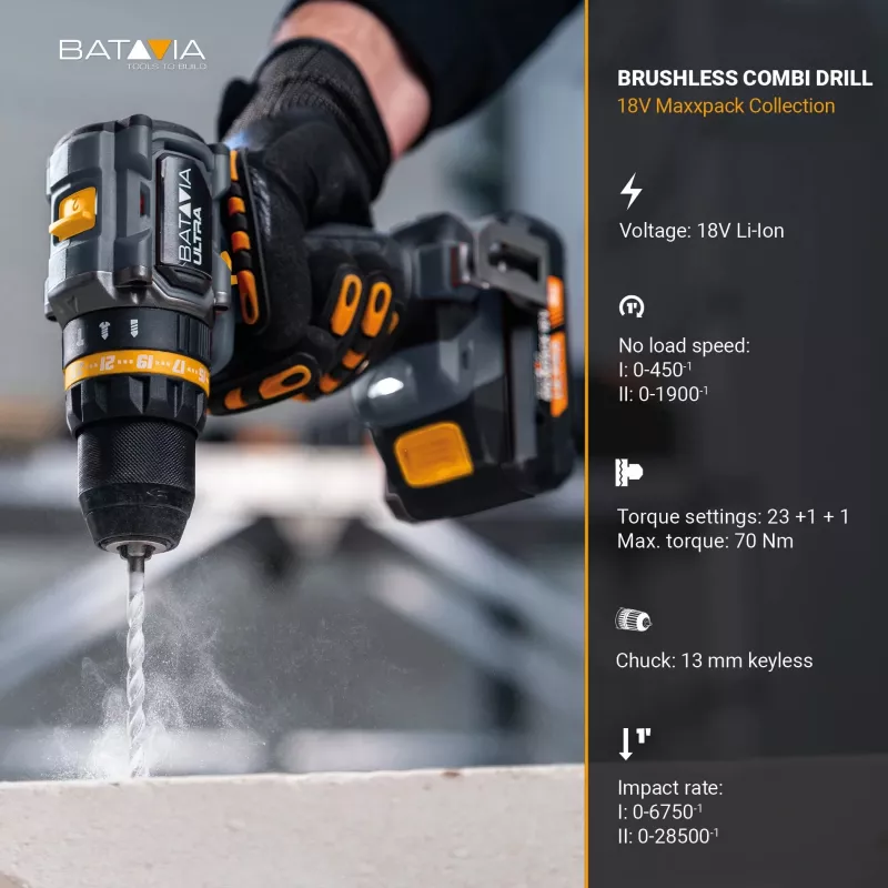 Batavia B.V. 18V Atornillador percutor sin escobillas a batería 70 Nm, sin batería ni cargador