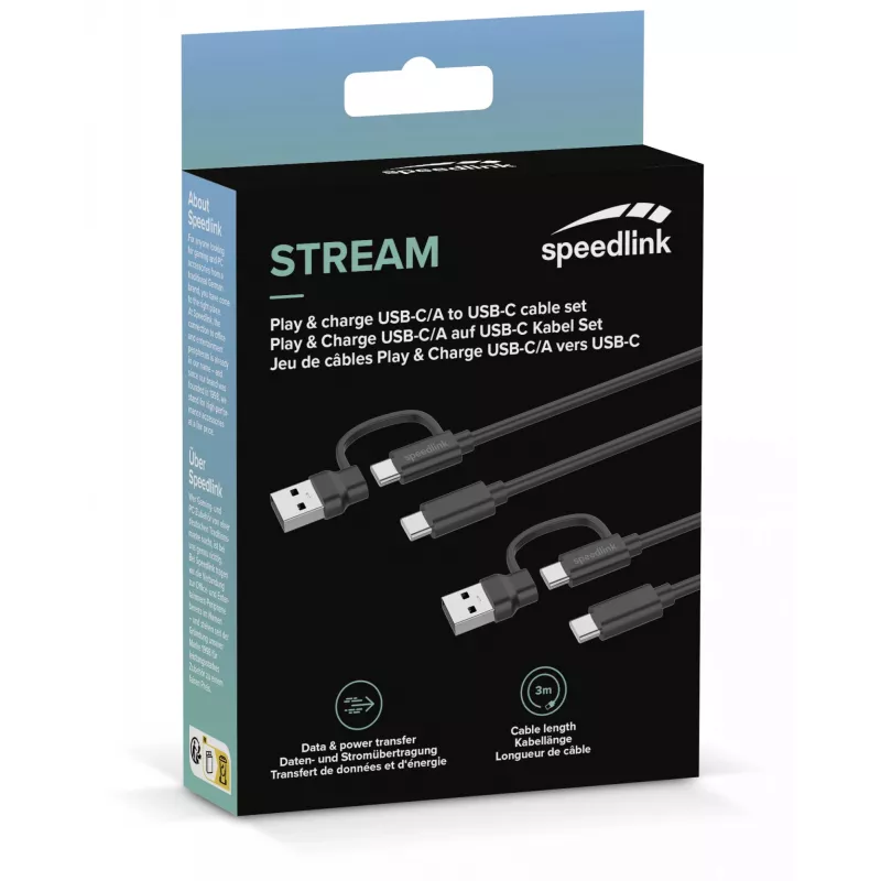 Cable USB 3.2 Gen 1 (3.1 Gen 1) Speedlink SL-460101-BK, 3 m, USB A/USB C a USB C, negro
