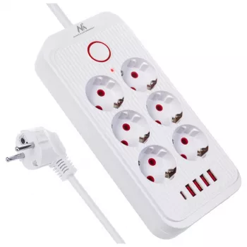 Regleta de enchufes MACLEAN MCE391 W — 6 tomas, 4×USB-A + 1×USB-C, cable de 3 m, 110–240 V, 2500 W, blanca