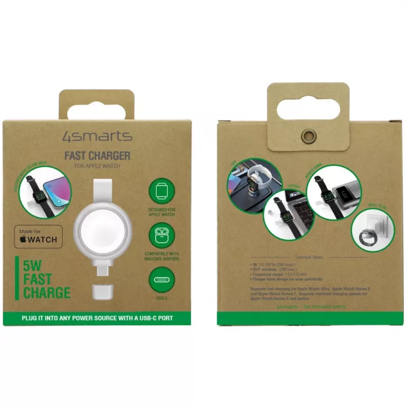 Cargador 4smarts QI2 smartwatch plateado USB carga rápida inalámbrica