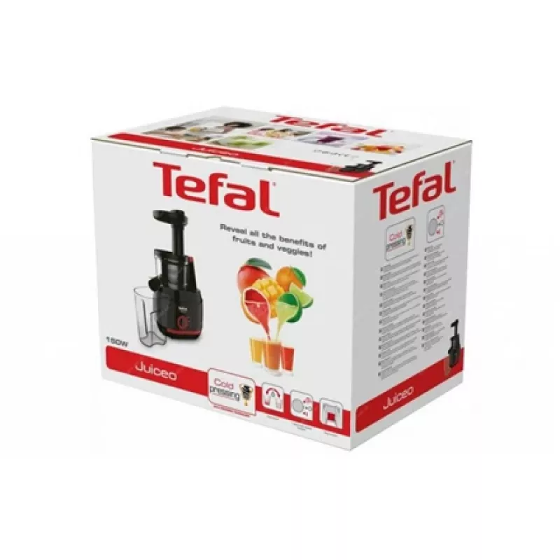 Tefal Juiceo ZC150838 licuadora de prensado lento, 150 W, depósito de pulpa de 0,8 l, negro/rojo