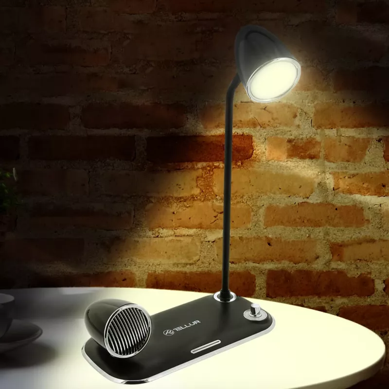 Lámpara de mesa Tellur TLL151361 con cargador inalámbrico Qi y altavoz Bluetooth, iluminación ajustable