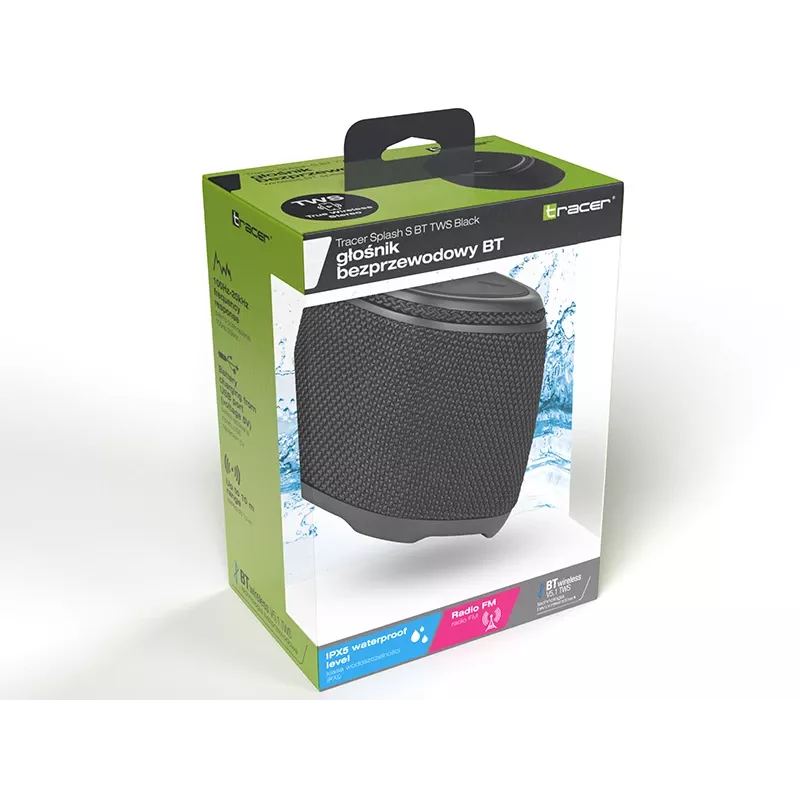 Altavoz estéreo portátil TRACER Splash S (Bluetooth 5.1, 5 W RMS, IPX5, batería de 6 h) Negro