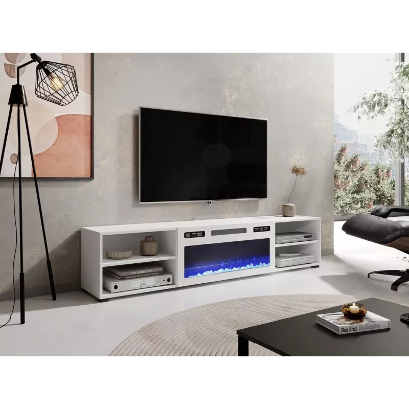 Mueble TV POLO 180x33x39 blanco + chimenea blanca