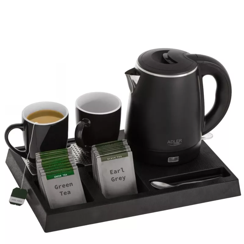 Adler AD 1387 hervidor eléctrico de hotel con bandeja y tazas, 1 l, acero inoxidable