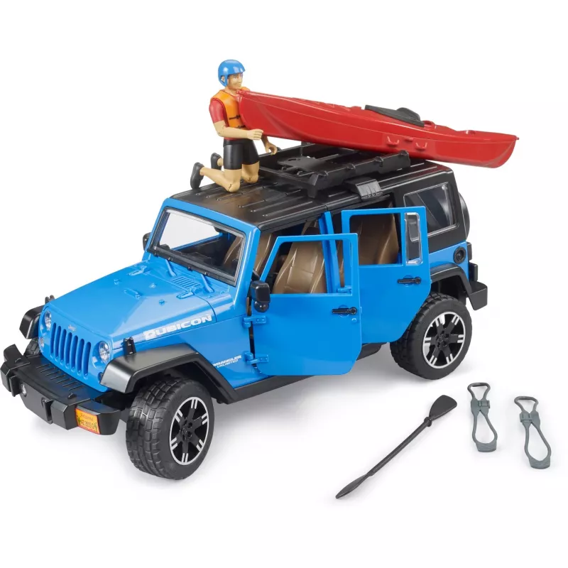 Vehículo de juguete BRUDER Jeep Wrangler Rubicon Unlimited con kayak y figura BR-02529