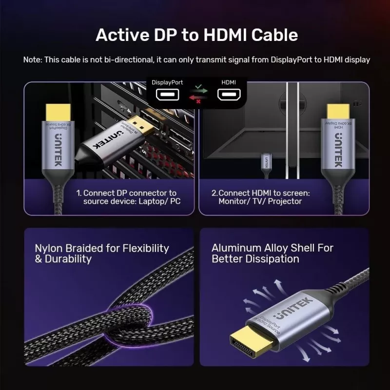 CABLE UNITEK DISPLAYPORT 1.4 A HDMI 2.1, 8K, 1,8 M