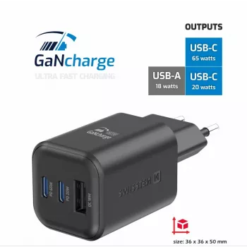 Cargador de viaje portátil SWISSTEN 22071410 65W doble USB-C carga rápida