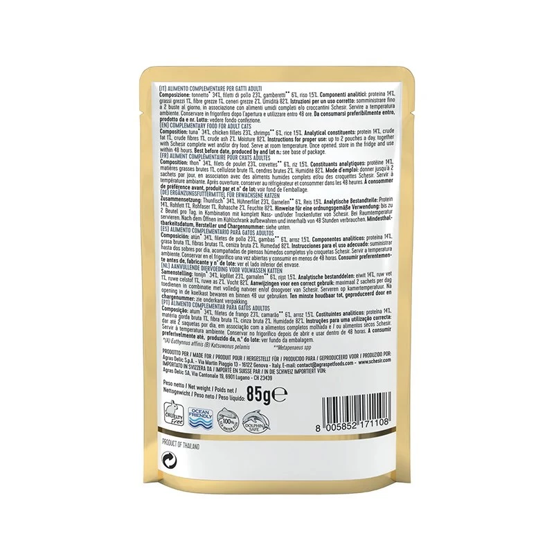 SCHESIR atún y pollo con gambas en gelatina - Comida húmeda para gatos - 85 g