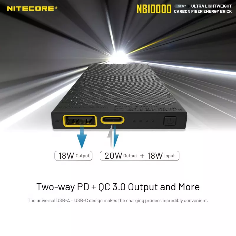Batería externa portátil Nitecore NB10000 — 10000 mAh, USB‑A + USB‑C, 38 W de salida total, gris