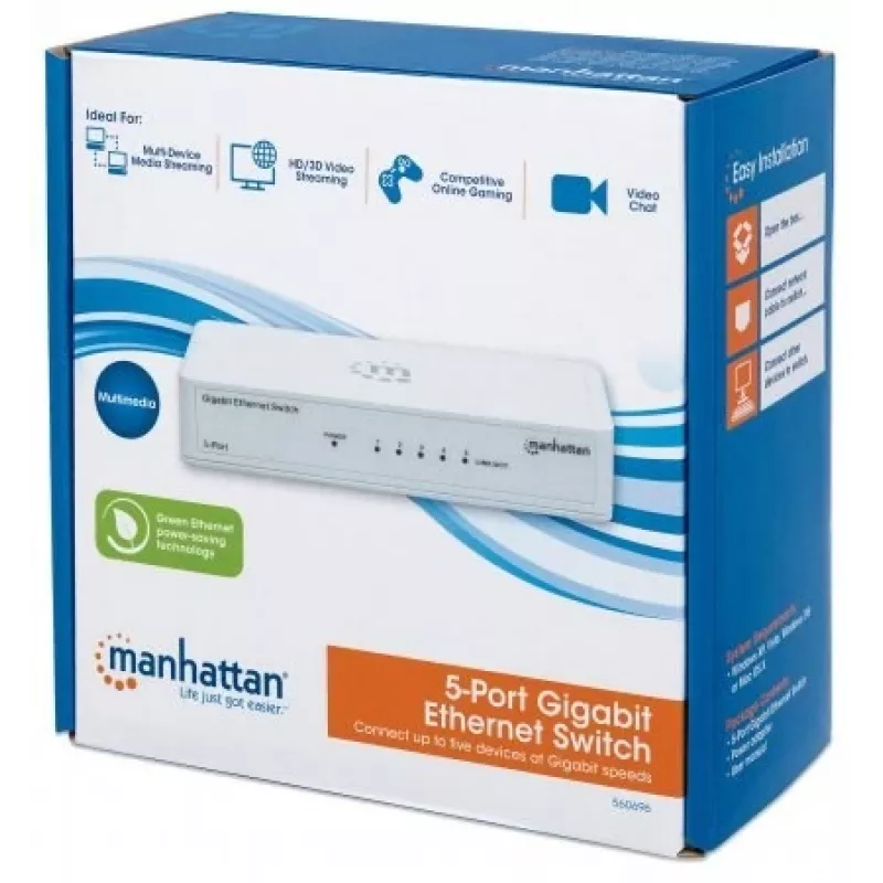 Manhattan Switch Gigabit Ethernet de 5 puertos, tamaño sobremesa, plástico, IEEE 802.3az (Energy Efficient Ethernet), tres años de garantía, caja