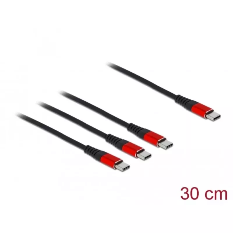 Cable de carga USB DeLOCK 3 en 1 USB Type-C a 3 x USB Type-C 30 cm negro/rojo