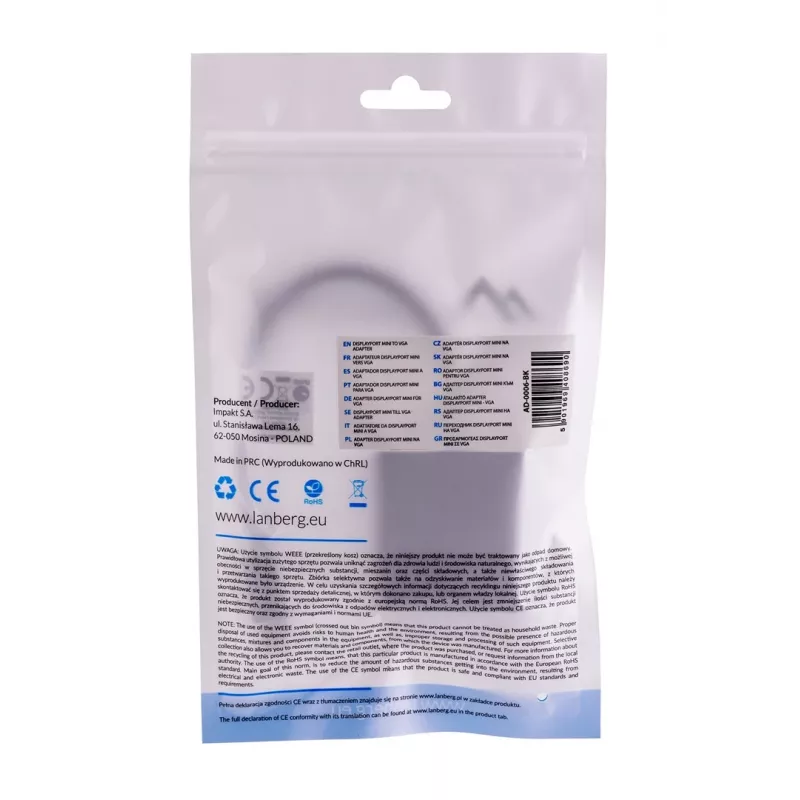 Cable adaptador VGA (D-Sub) a Mini DisplayPort LANBERG AD-0006-BK, 0,2 m, DisplayPort 1.2, 1920×1200@60Hz, conector hembra MiniDP, negro