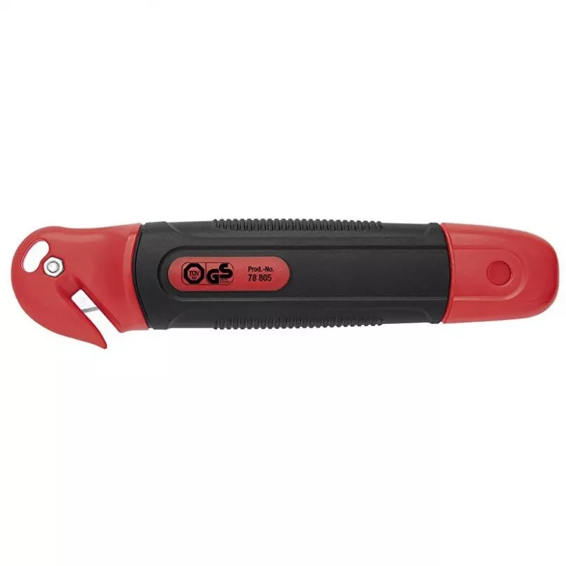 WEDO 78805 cúter de seguridad Standard, hoja trapezoidal, retracción automática de la hoja, bloqueo de seguridad, incl. cortador de láminas, negro/rojo