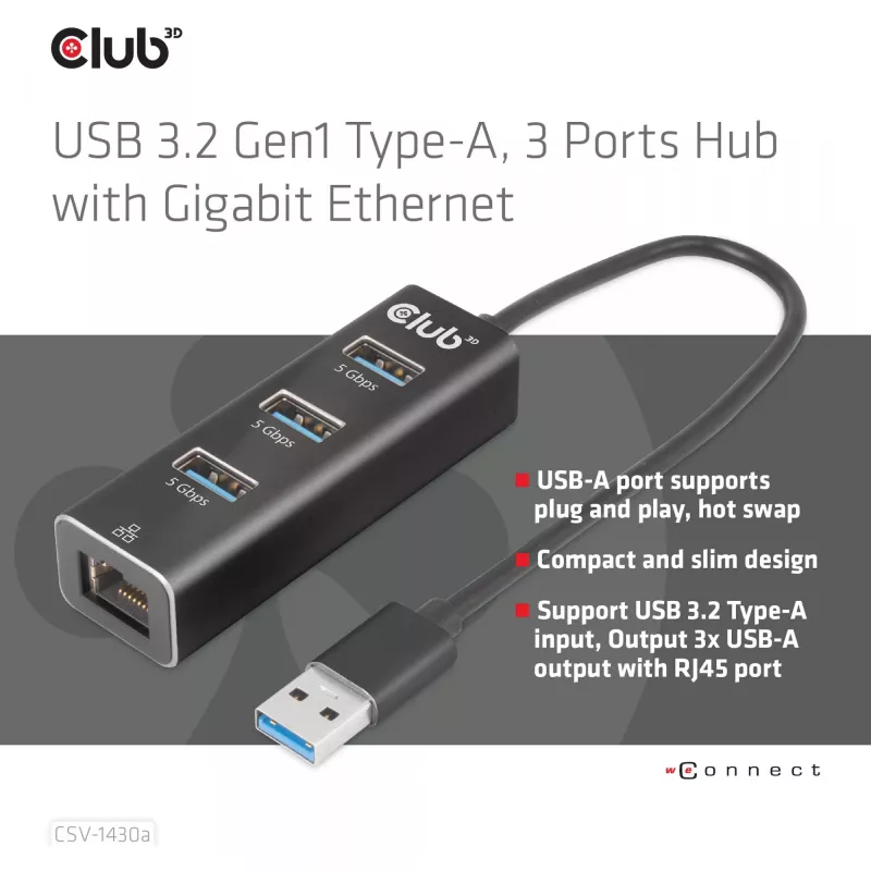 Hub USB CLUB3D USB 3.2 Gen1 Type-A con 3 puertos y Gigabit Ethernet
