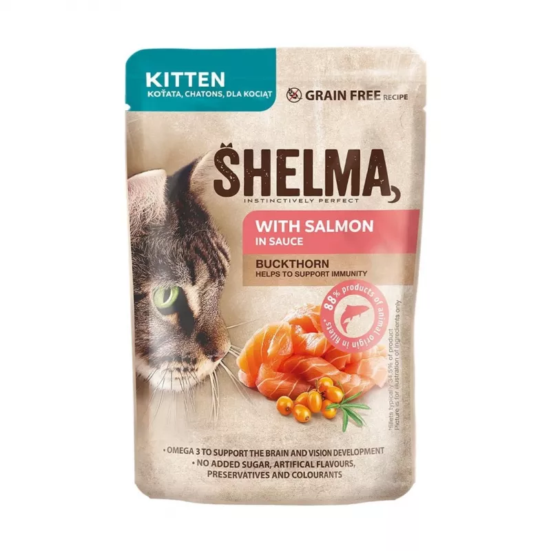 Comida húmeda para gatos SHELMA Kitten salmón y pavo en salsa 4×85 g sobres, sin cereales, alimento completo