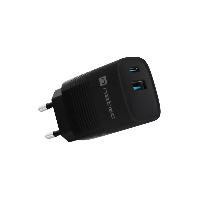 Cargador con cable para dispositivos móviles NATEC NUC-2141, 30W, USB-C PD 3.0 + USB-A QC 3.0, 110–240V, negro