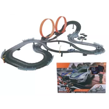 Pista de coches de juguete mecánica Madej Auto-Rennbahn con dos loopings — 011406, set con coches de cuerda y deslizantes para niños