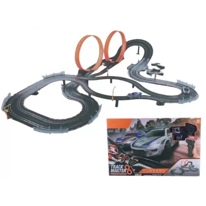 Pista de coches de juguete mecánica Madej Auto-Rennbahn con dos loopings — 011406, set con coches de cuerda y deslizantes para niños