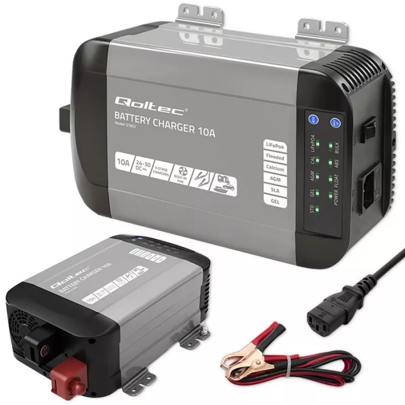 Qoltec 51952 cargador inteligente Monolith para baterías LiFePO4/AGM/GEL/SLA, 10 A, 24 V