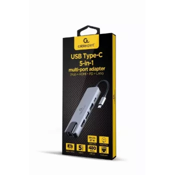 Dock para portátil Gembird A-CM-COMBO5-04 — USB 3.2 Gen 1 Type-C, 5 Gbit/s, PD 87 W, HDMI, Ethernet, USB-A
