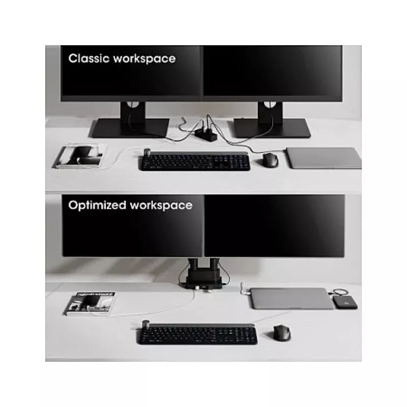 Manhattan Soporte de escritorio dual para TV y monitores (Full Motion con resorte de gas) con dock integrado, para pantallas de hasta 27 pulgadas, conexiones (x7): Ethernet, HDMI (x2), USB-A (x3) y USB-C, Power Delivery (100 W) al puerto USB-C (se requiere fuente de alimentación/cable USB-C por separado), VESA: 75x75 y 100x100 mm
