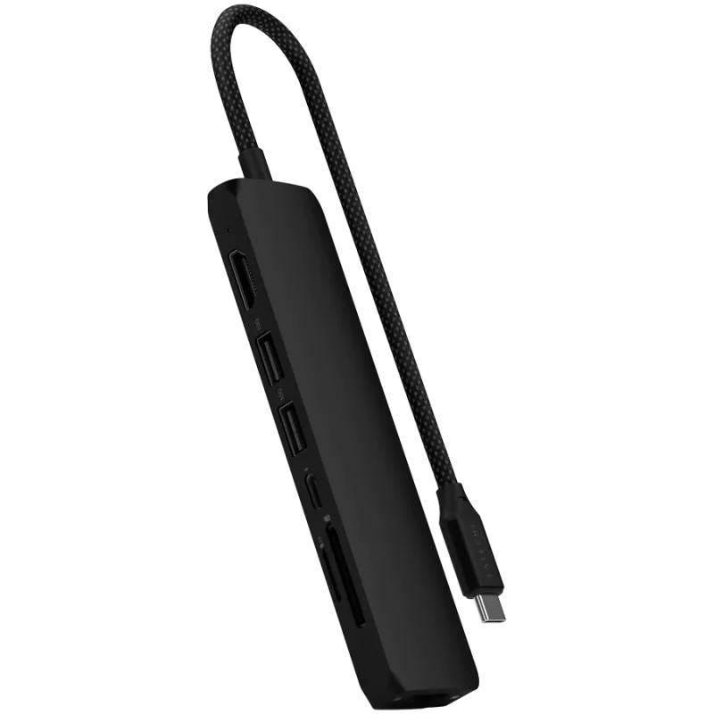 Adaptador multipuerto Satechi 7 en 1 USB-C Slim Ethernet (USB-C PD, 2x USB-A, HDMI 4K, Ethernet, lector de tarjetas micro/SD) (negro)