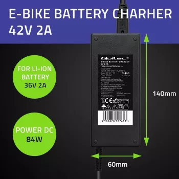 Cargador Qoltec 50761 para baterías de e-bike 36V | 42V | 2A | 5,5*2,5