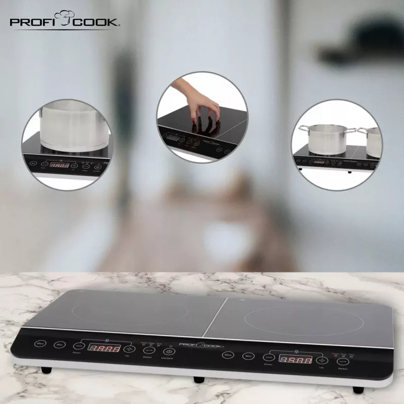 Placa de inducción PROFI COOK PC-DKI 1067, 3500W, 2 zonas de cocción, negra