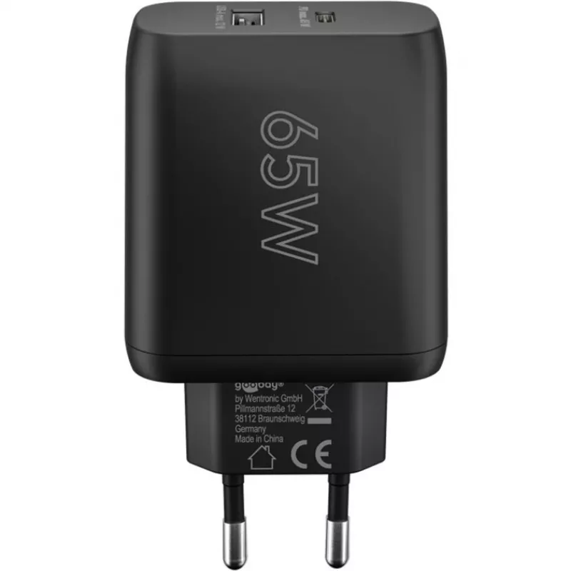Cargador dual rápido USB-C, PD, GaN, 65 vatios (negro, 1x USB-C, 1x USB-A, Power Delivery)