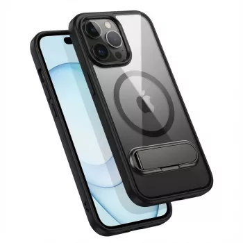 Funda protectora GUAN para iPhone 16 Pro Max — Parte trasera de cristal templado, soporte integrado, transparente negro
