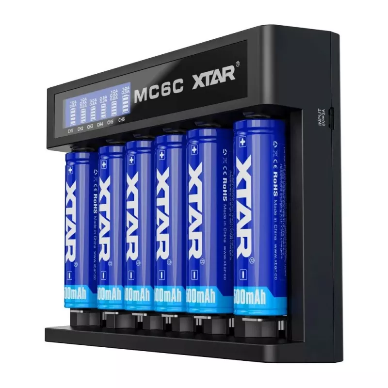 XTAR MC6C cargador multislot inteligente para celdas cilíndricas de Li-Ion, 6 ranuras, compatible con 18650/21700/AA, entrada 5V, negro