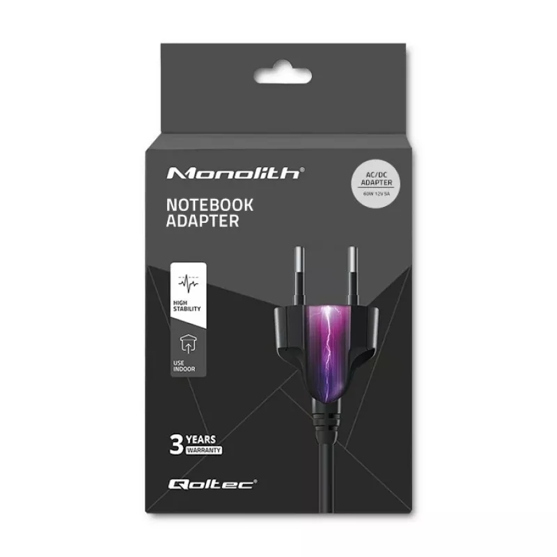 Qoltec 50797 fuente de alimentación de sobremesa 60 W, 12 V, 5 A, 5,5x2,1 mm, con cable de alimentación