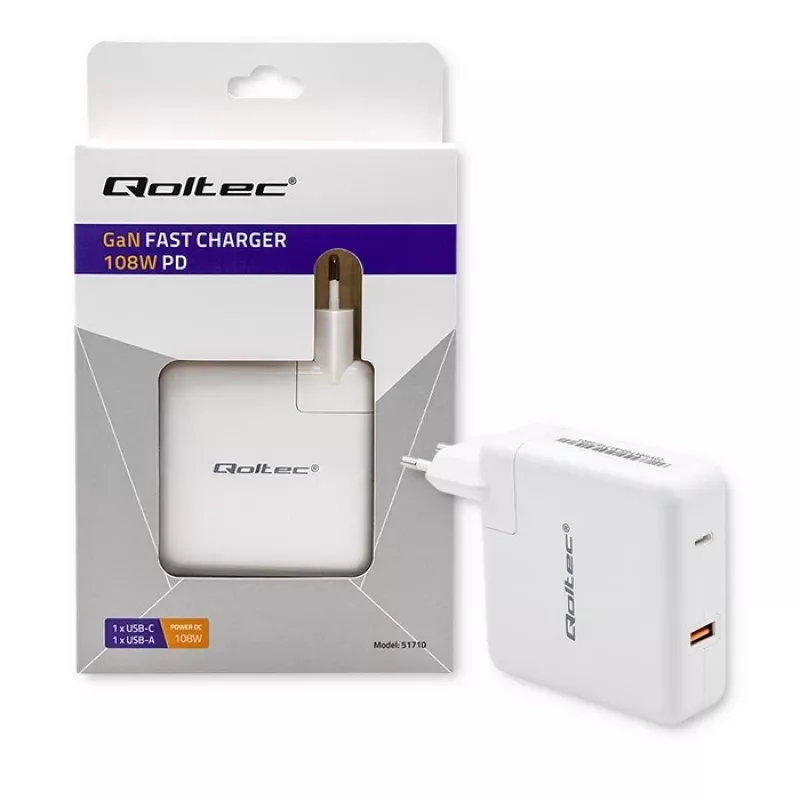 Qoltec Cargador GaN FAST 108W | 5-20V | 3-4.7A | USB C | blanco