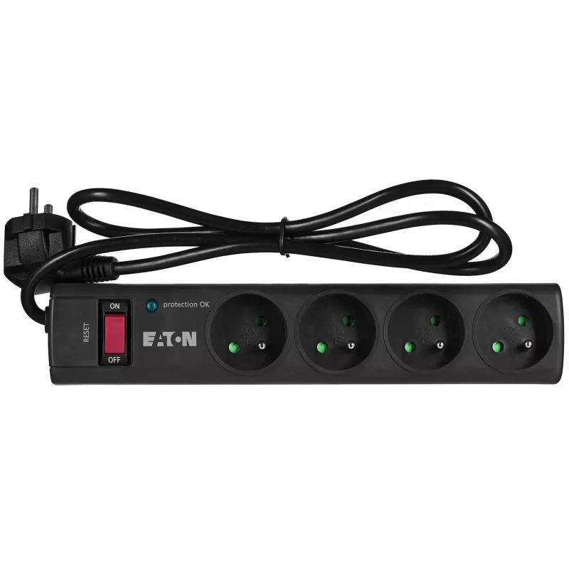 Regleta con protección contra sobretensiones EATON Power Strip 4 FR — 4 tomas Type-E, cable de 1 m, 10 A, 2500 W, indicadores LED