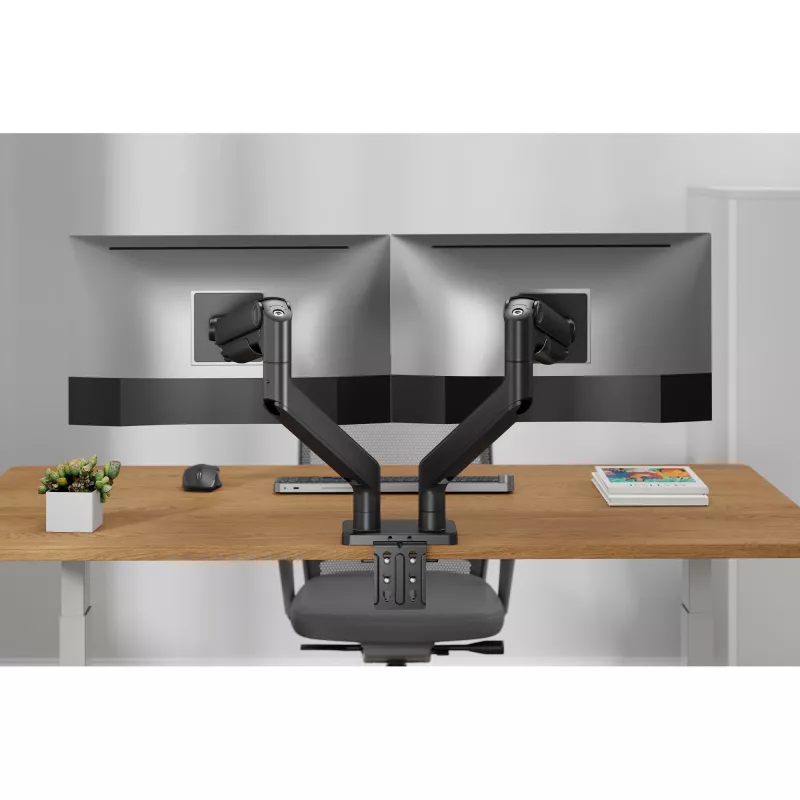 Soporte de monitor doble DIGITUS para 2 pantallas de 45 inch, pinza de mesa, 2×20 kg, VESA 75×75–100×100, inclinación -20–50°