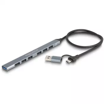 DELOCK Hub USB de 4 puertos de perfil bajo — USB 3.2 Gen 1 host Type-C, 3× USB 5 Gbit/s Type-C + 1× USB 5 Gbit/s Type-A, Gris, Metal