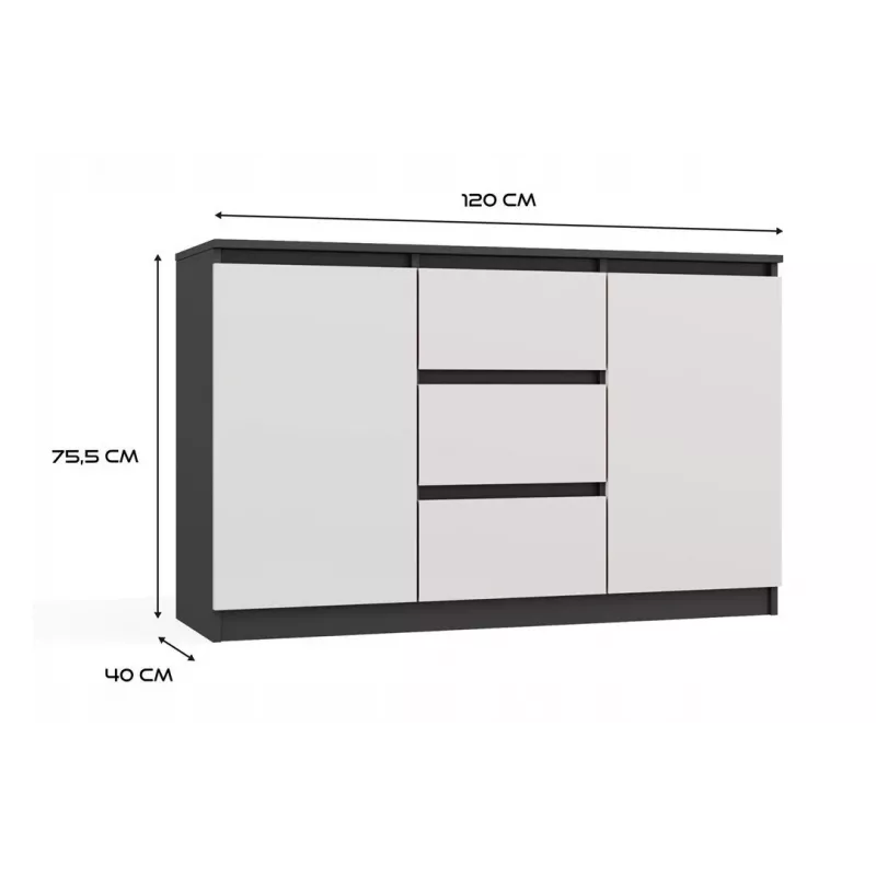 Cómoda 2 puertas 3 cajones top e shop M-MP-K-MAL-2D3S-ANTBIA — marco antracita, puertas blancas, 1200×750×400 mm
