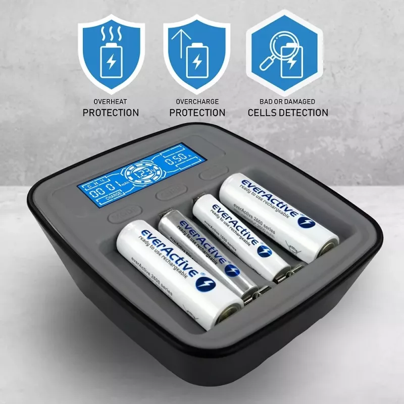 everActive NC-1000M V2 cargador de pilas, Ni-MH, 4 ranuras AA/AAA, USB-C, negro