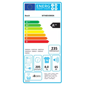 Secadora con bomba de calor Bosch | WTH85V0MSN | Clase de eficiencia energética E | Carga frontal | 8 kg | LED | Profundidad 61 cm | Blanco
