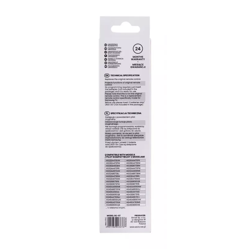 Mando a distancia SAVIO RC-07 para TV Samsung, IR inalámbrico, negro, botones