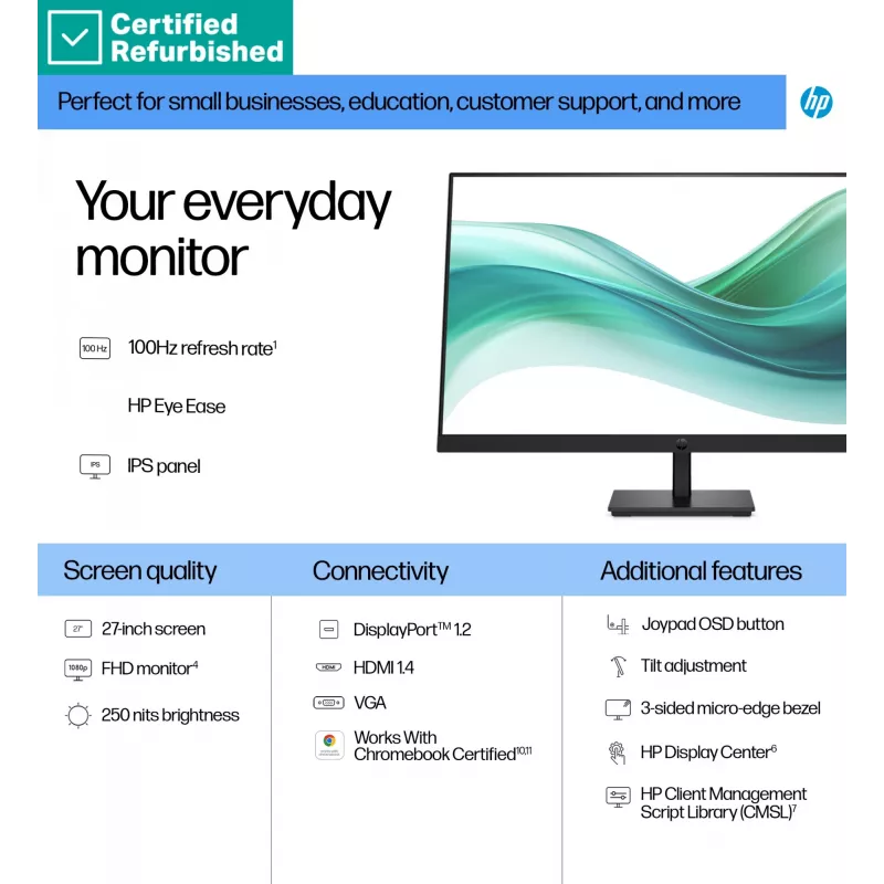 RENEW SILVER HP 327pf Series 3 Pro monitor FHD - 27 pulgadas 1920x1080 FHD 250 nits 100Hz AG, IPS, HDMI/VGA/DisplayPort, inclinable, 1 año de garantía