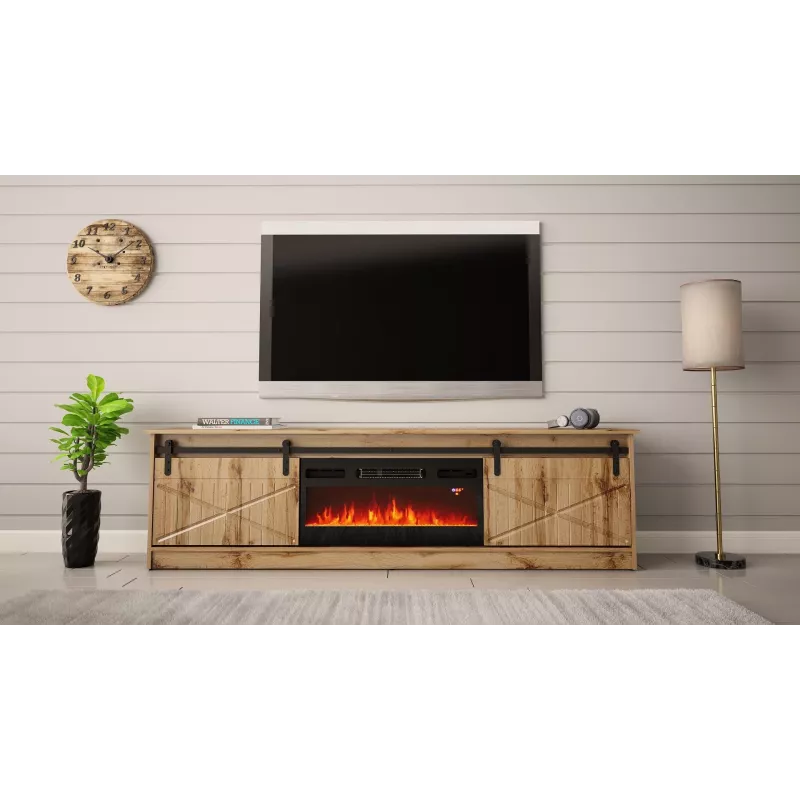 Mueble TV Cama Meble GRANERO con mueble de chimenea, roble Wotan, 2000×350×567 mm, 2 puertas, 2 estantes